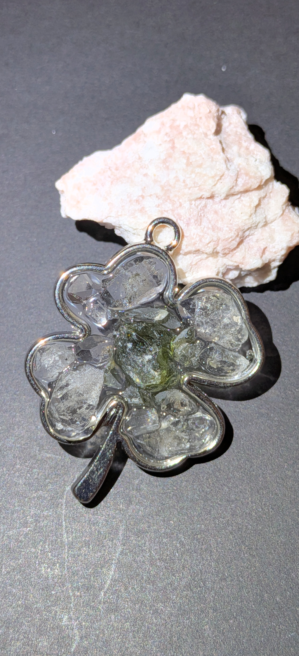 Four-Leaf Clover Pendant With Moldavites And Herkimer Diamonds #36