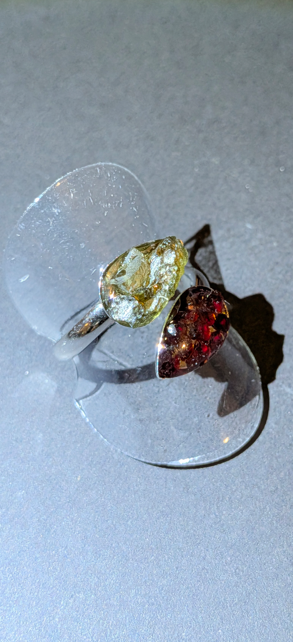 Adjustable Ring With Moldavites And Bohemian Garnets #41