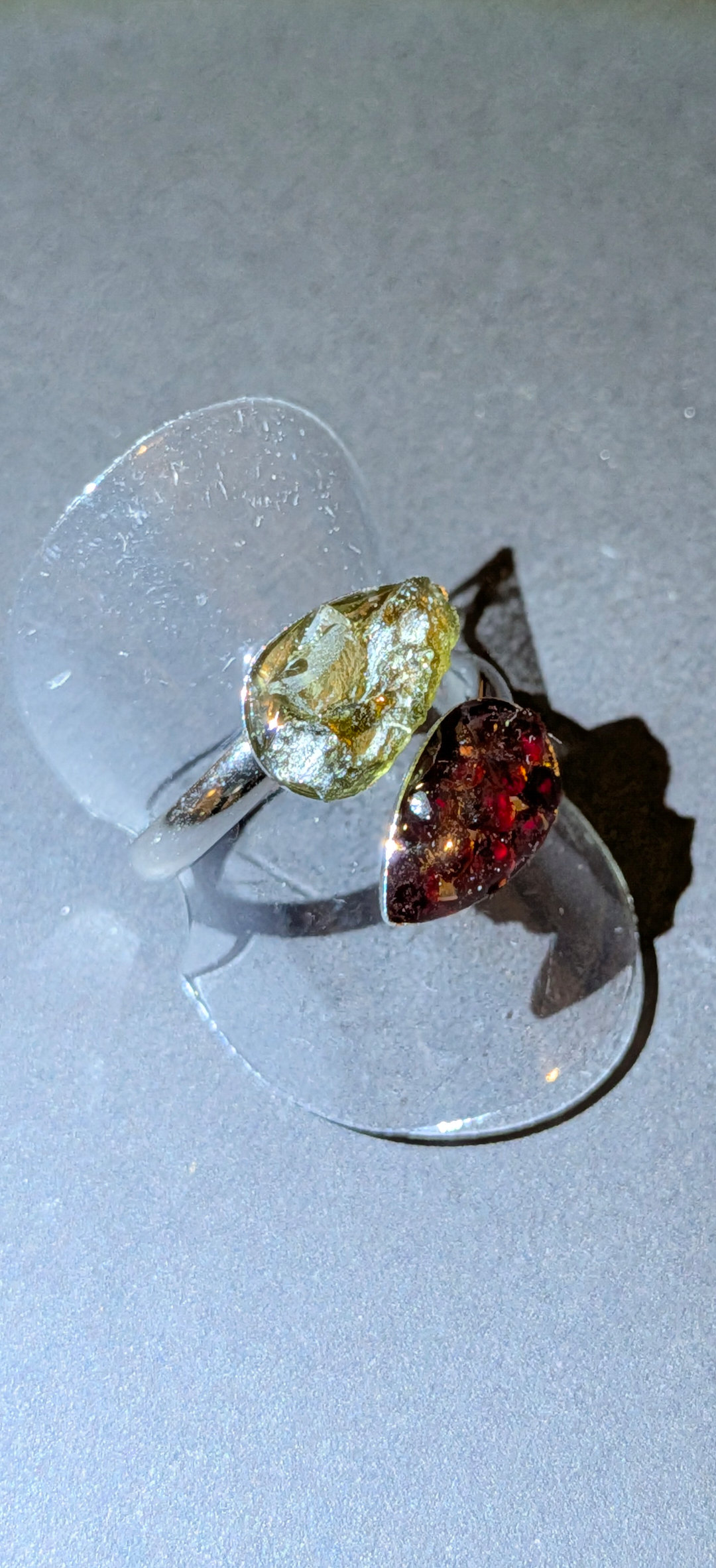 Adjustable Ring With Moldavites And Bohemian Garnets #41