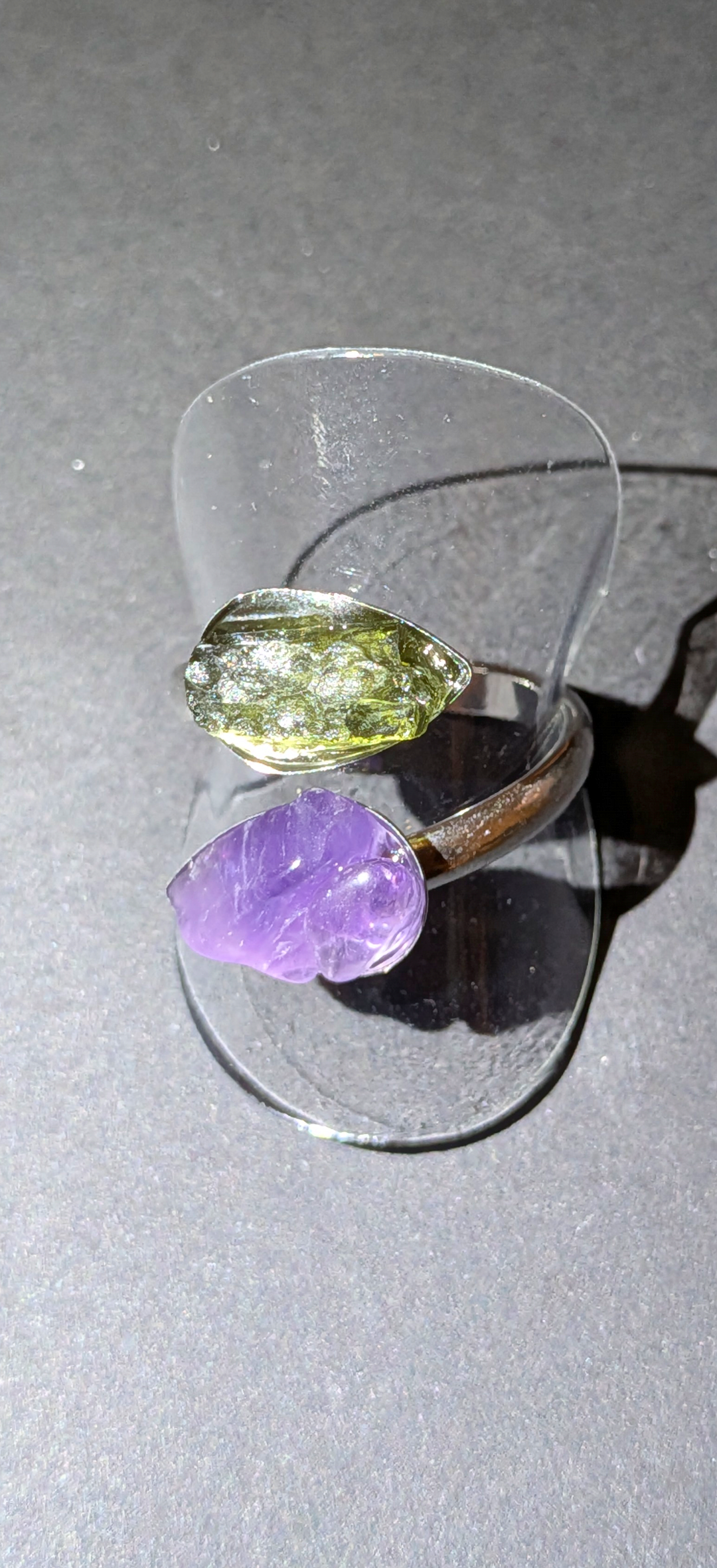 Adjustable Ring With Moldavite and Amethysts #42
