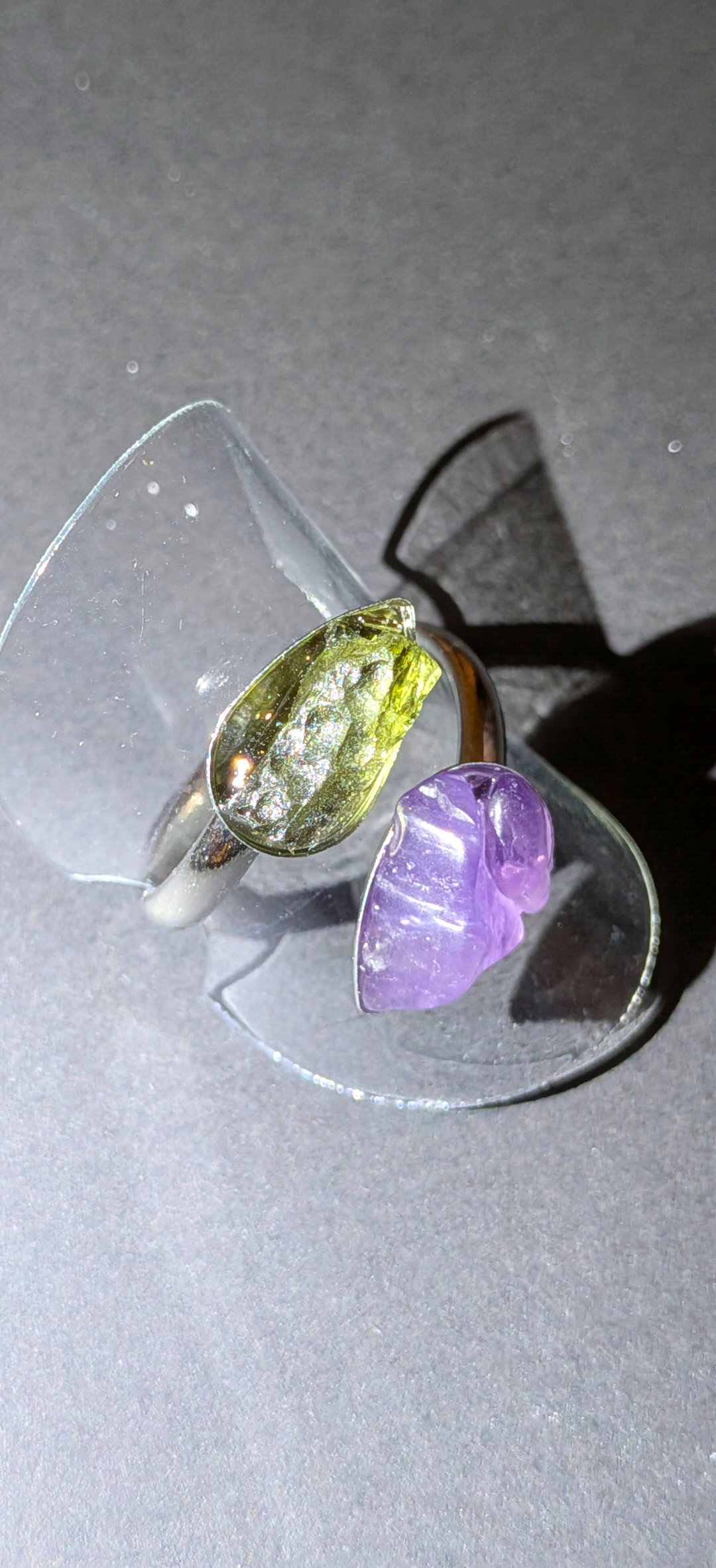 Adjustable Ring With Moldavite and Amethysts #42