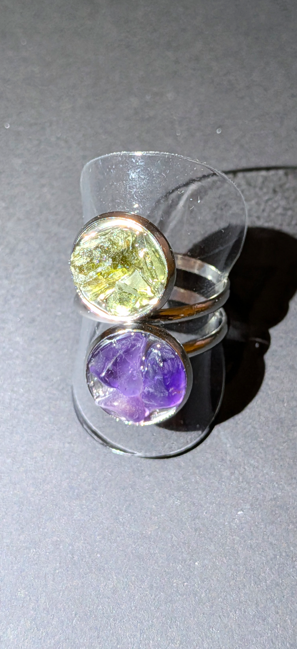 Adjustable Ring With Moldavites and Amethysts #43