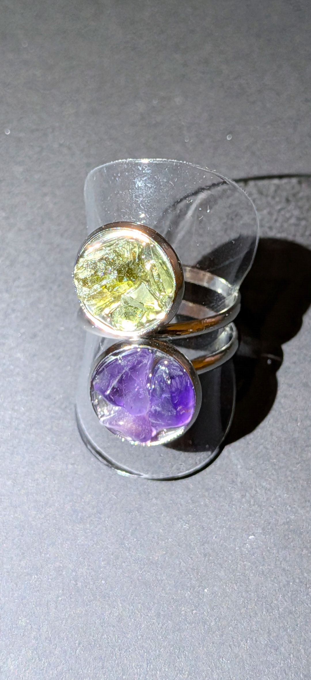 Adjustable Ring With Moldavites and Amethysts #43