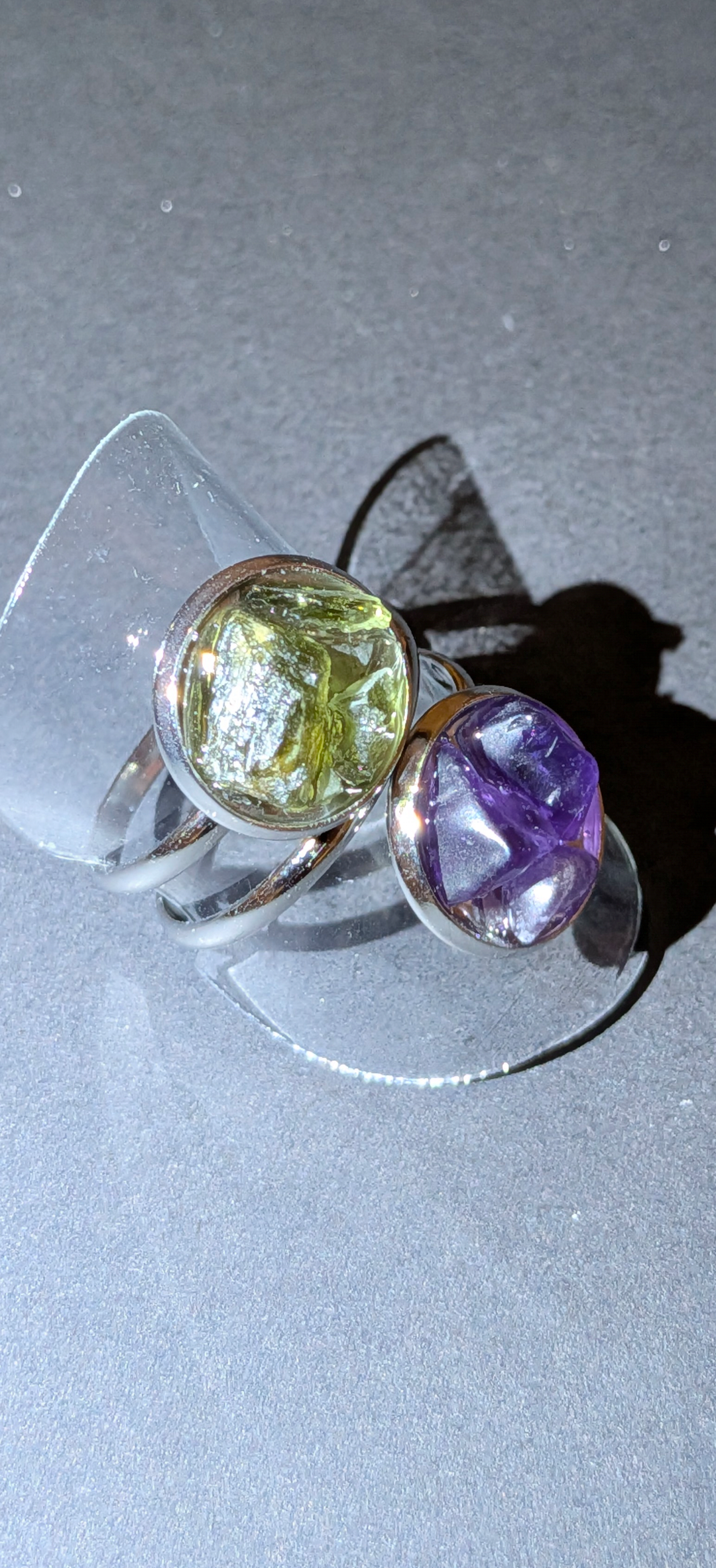 Adjustable Ring With Moldavites and Amethysts #43