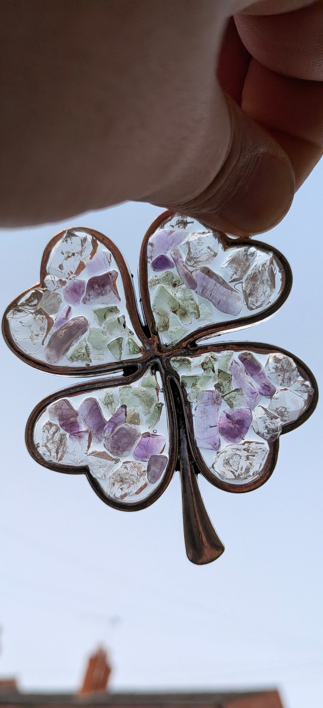 XXL Four-Leaf Clover Pendant With Moldavites, Herkimer Diamonds And Amethysts #31
