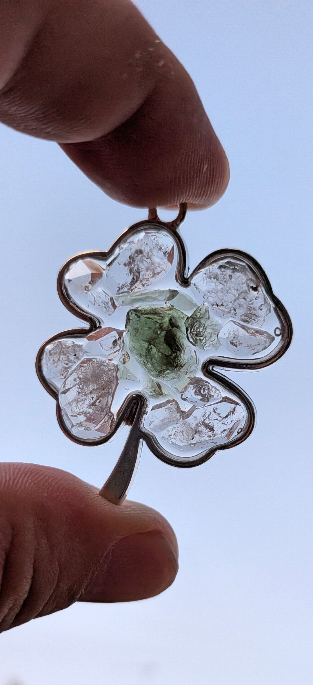 Four-Leaf Clover Pendant With Moldavites And Herkimer Diamonds #36