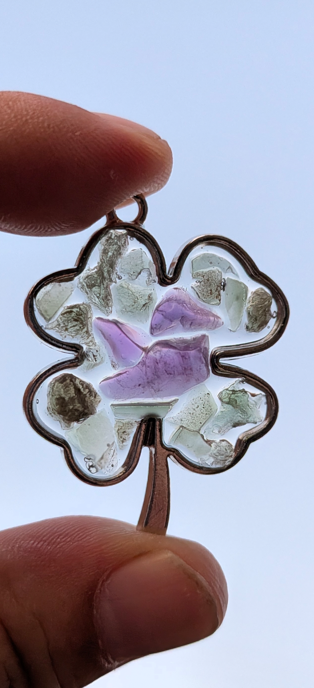 Four-Leaf Clover Pendant With Moldavites And Amethysts #38