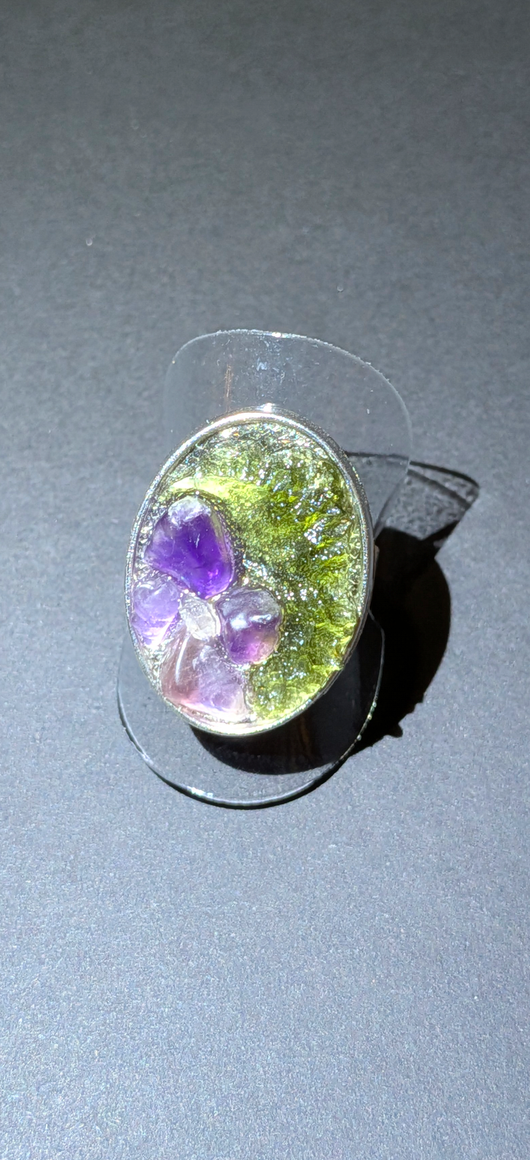XL Adjustable Ring With Moldavites, Herkimer Diamond and Amethysts #46