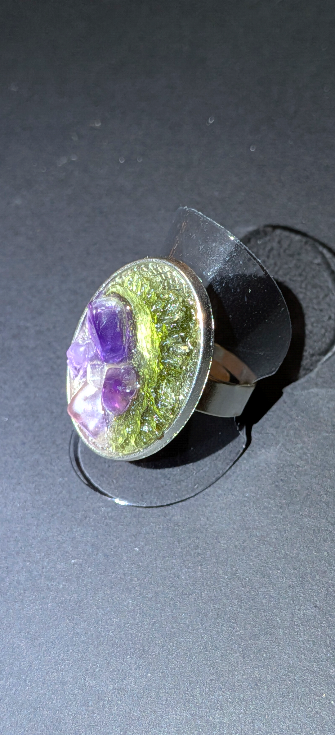 XL Adjustable Ring With Moldavites, Herkimer Diamond and Amethysts #46