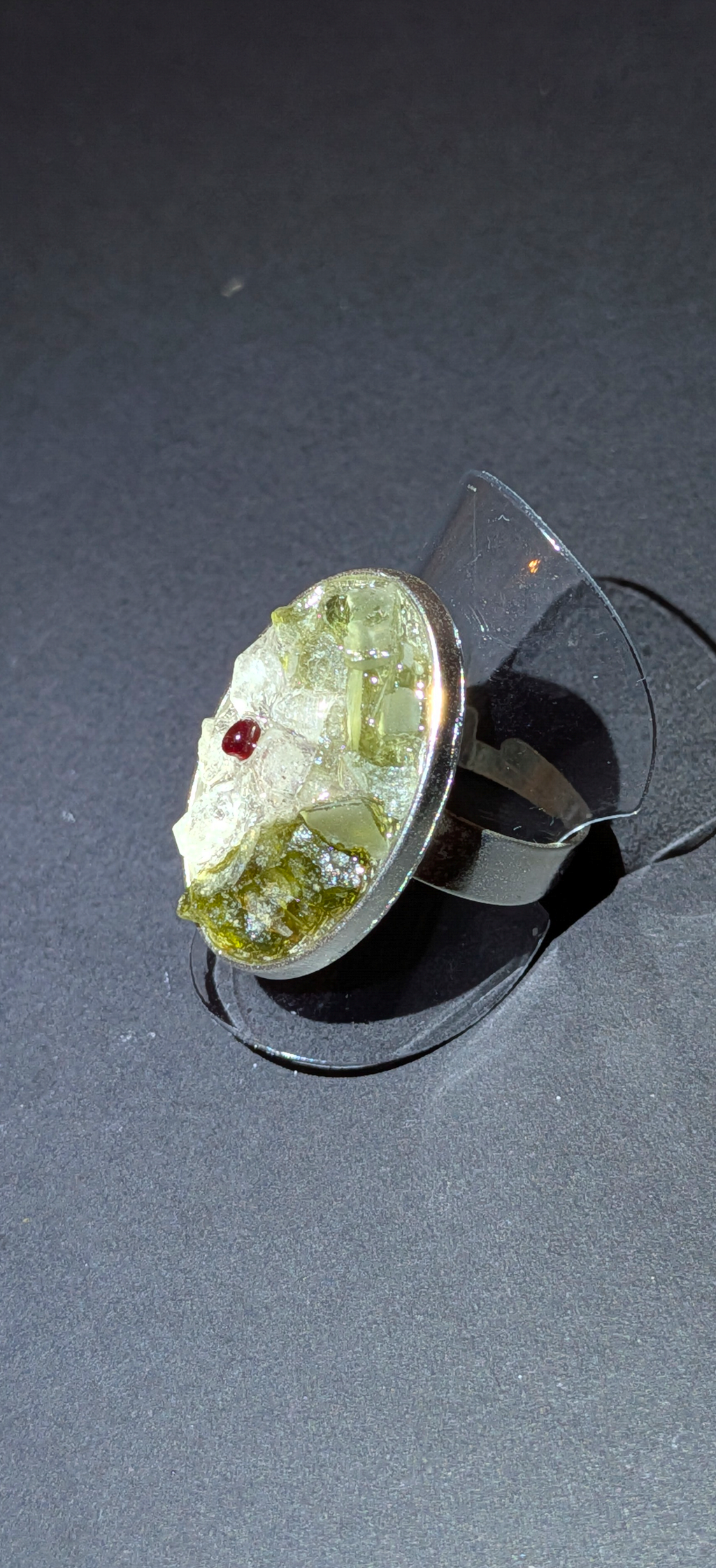 XL Adjustable Ring With Moldavites, Herkimer Diamond and Bohemian Garnet #47