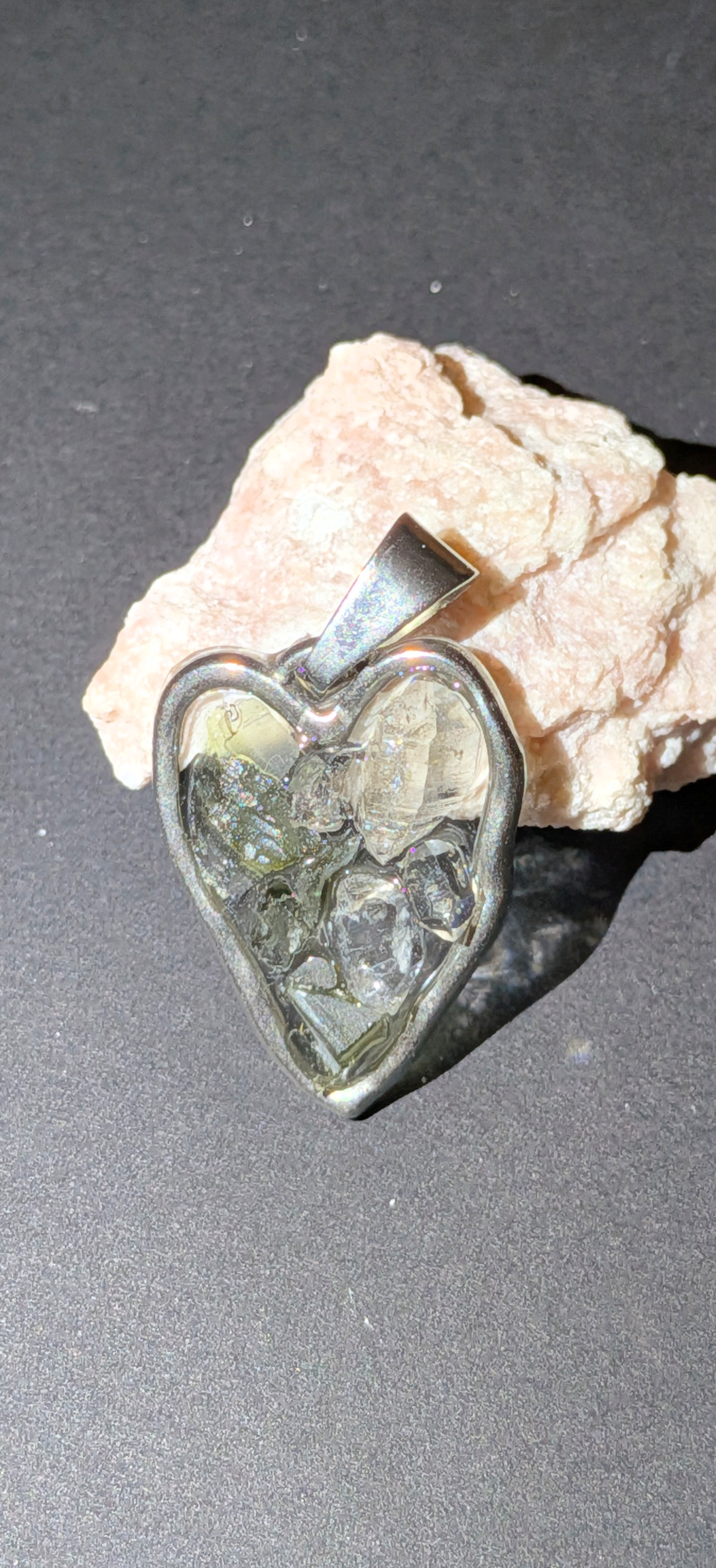 Wonky Heart Pendant With Moldavites And Herkimer Diamonds #54
