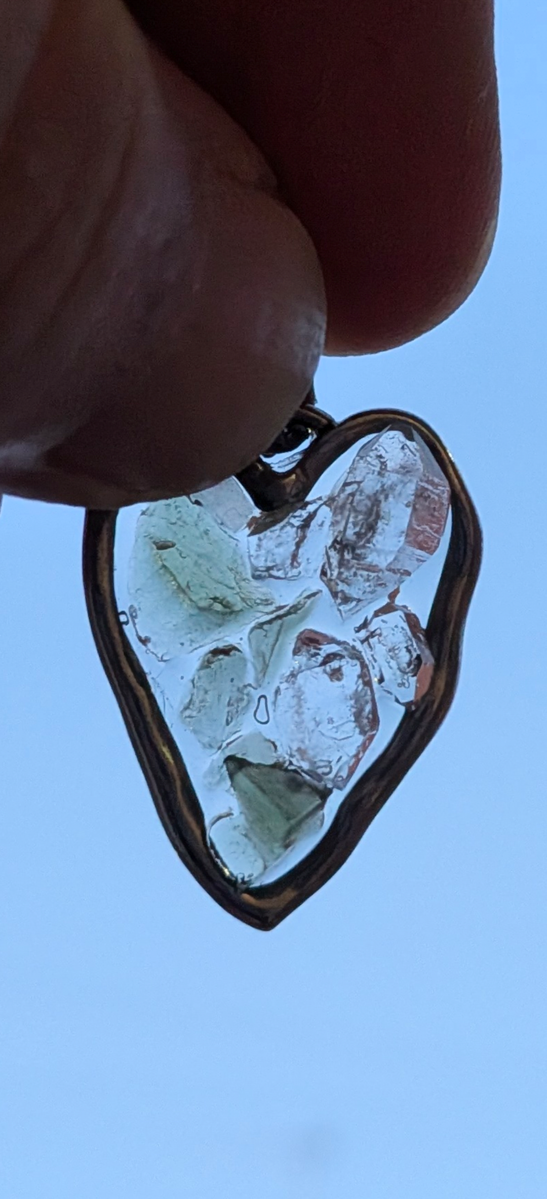 Wonky Heart Pendant With Moldavites And Herkimer Diamonds #54