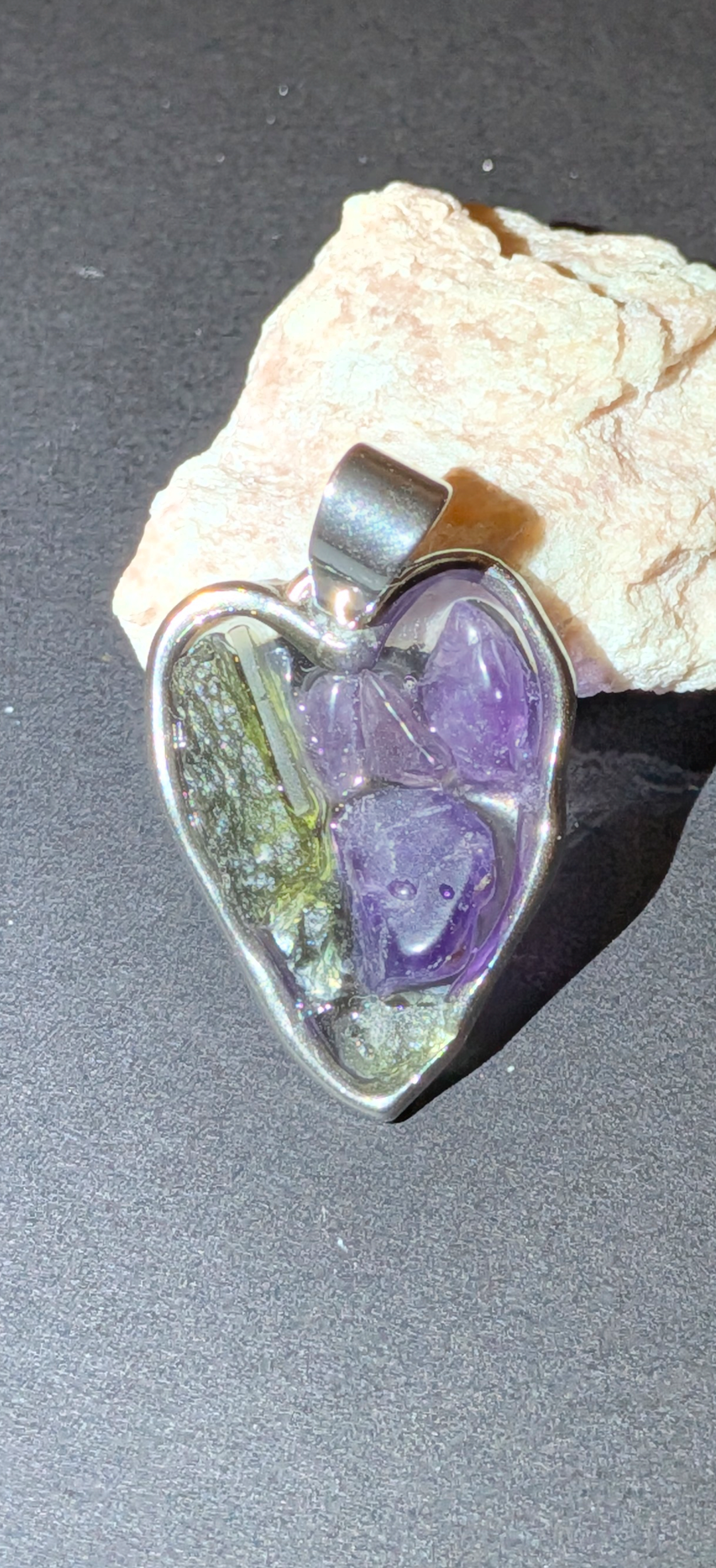 Wonky Heart Pendant With Moldavites And Amethysts #55