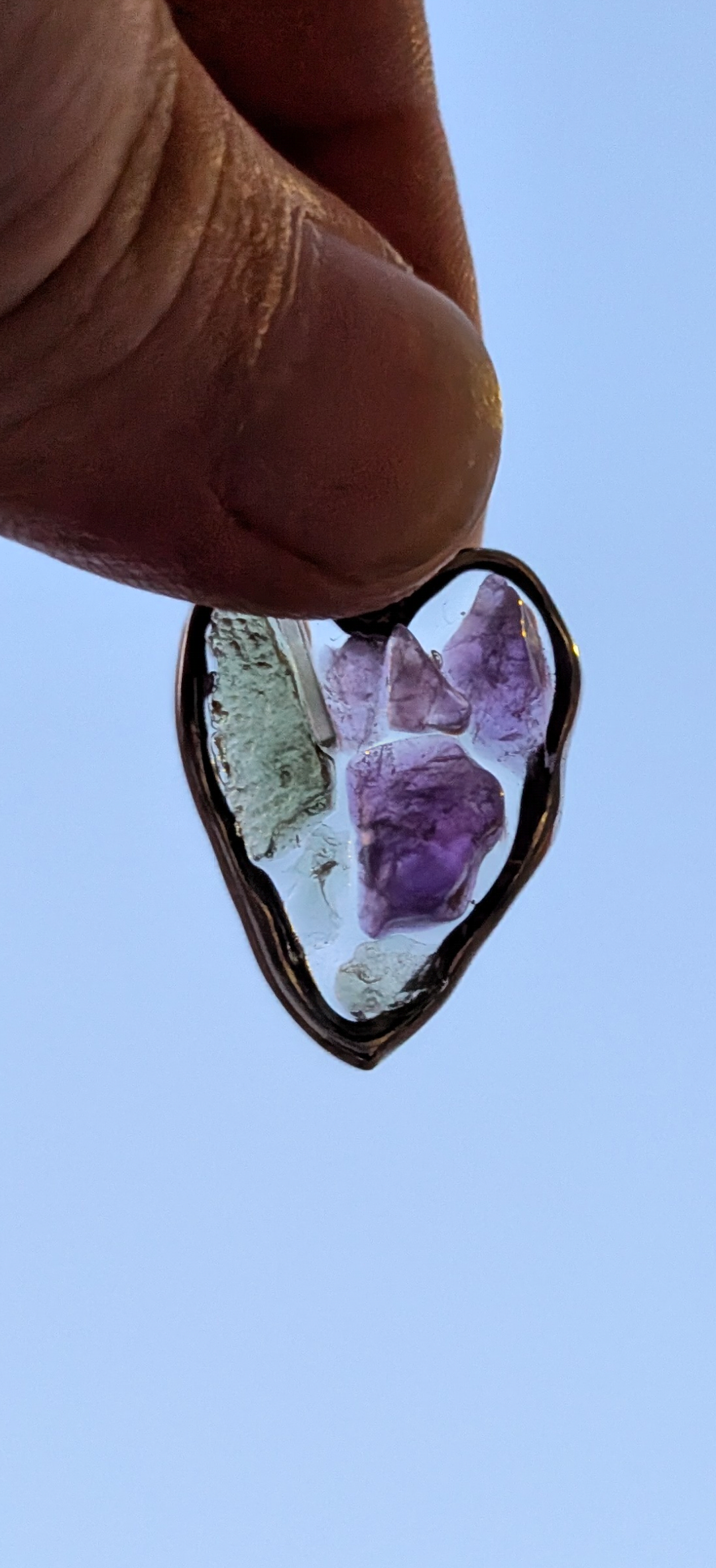 Wonky Heart Pendant With Moldavites And Amethysts #55