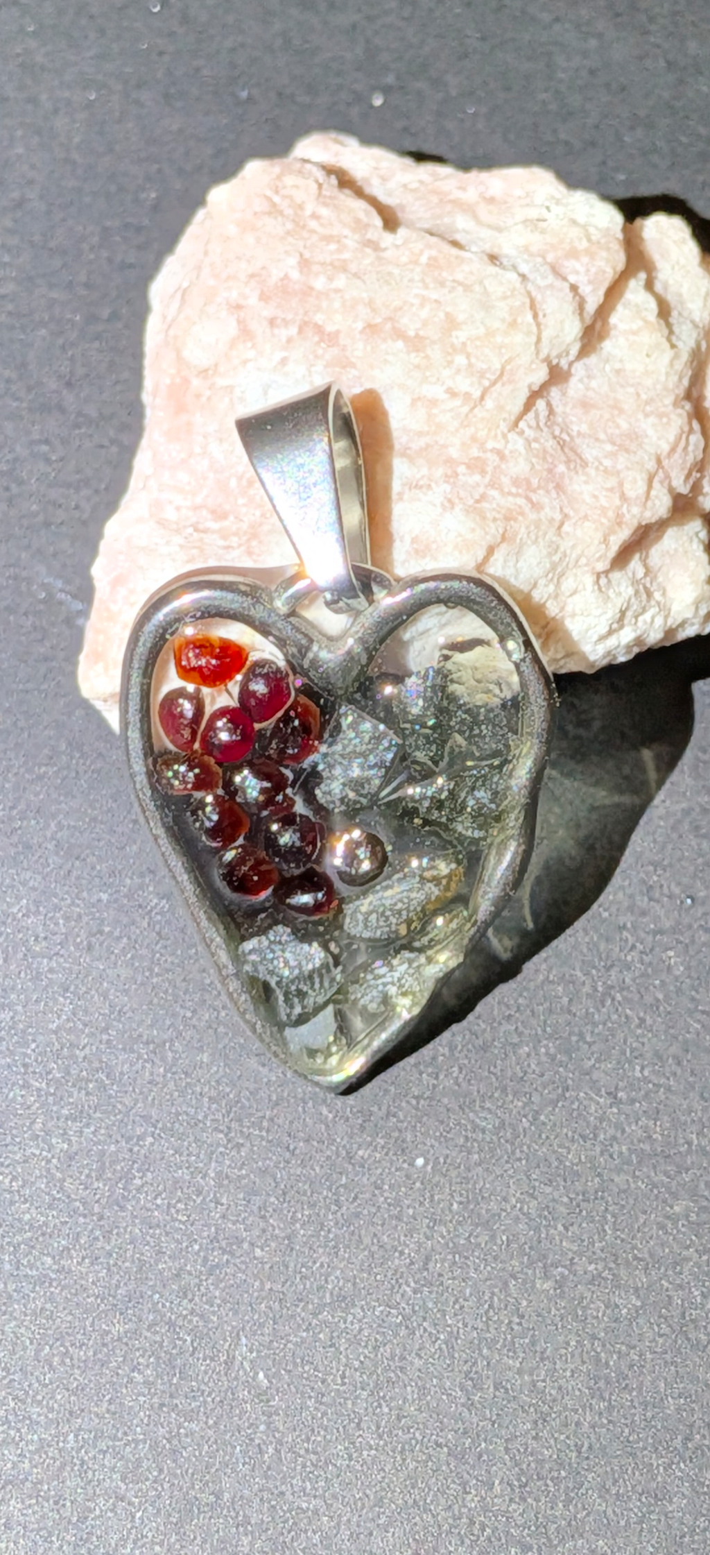 Wonky Heart Pendant With Moldavites And Bohemian Garnets #56