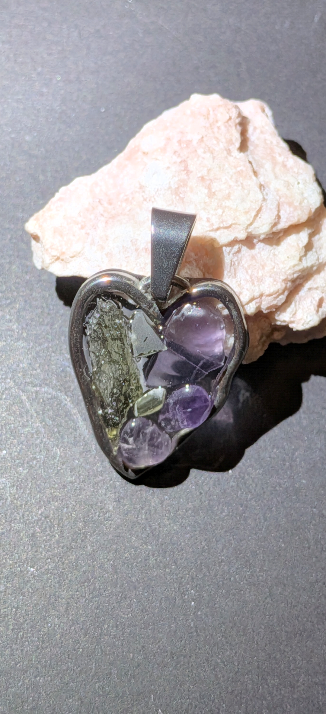 Wonky Heart Pendant With Moldavites And Amethysts #57