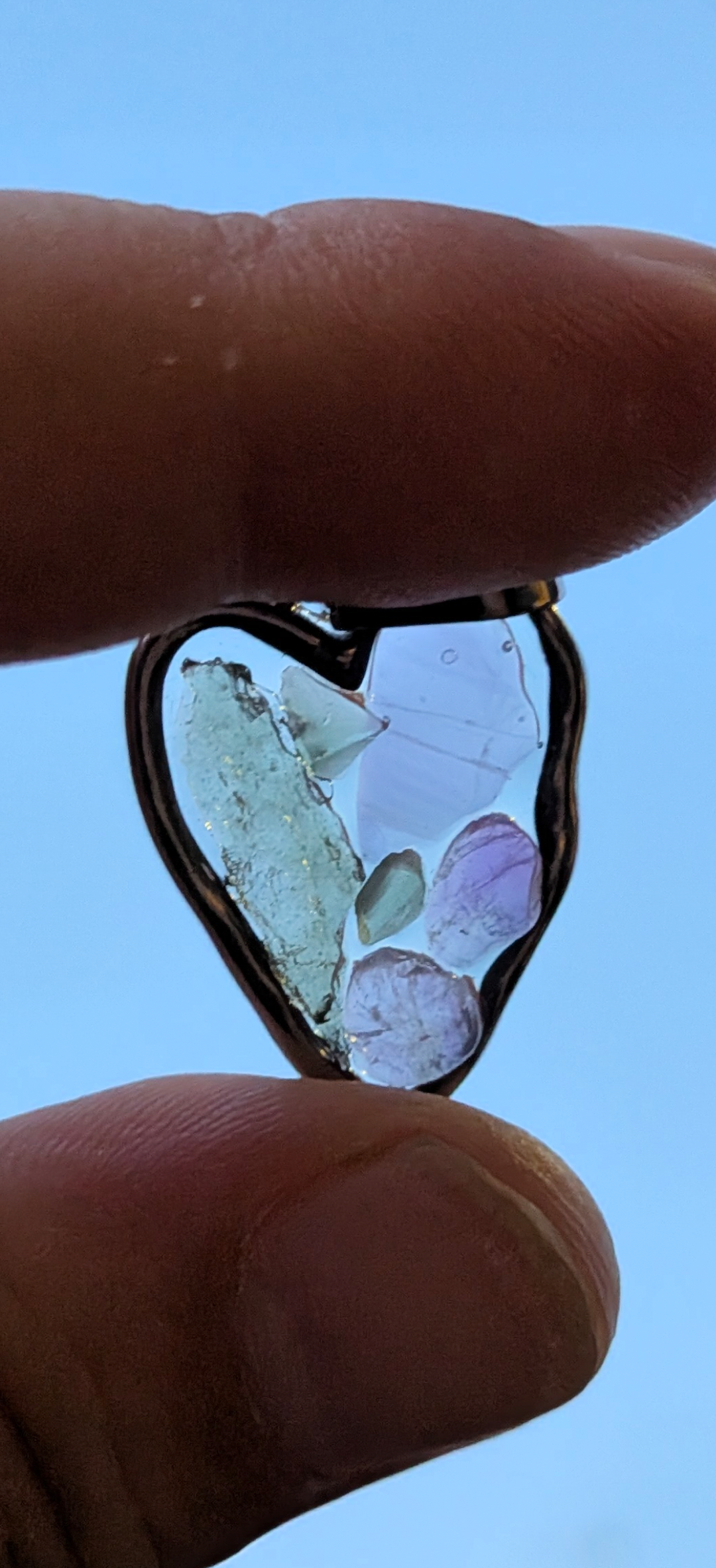 Wonky Heart Pendant With Moldavites And Amethysts #57
