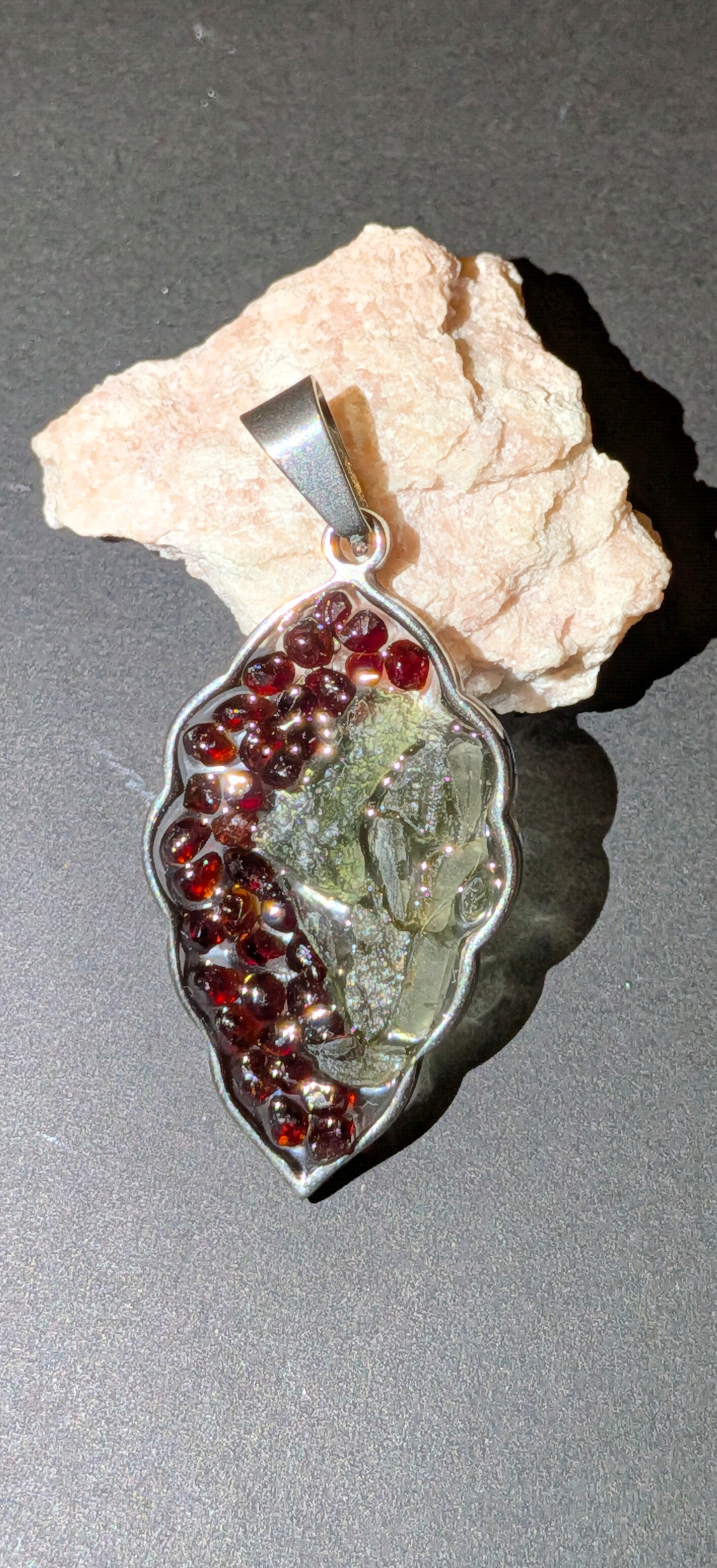 Leaf Shaped Pendant With Moldavites And Bohemian Garnets #58
