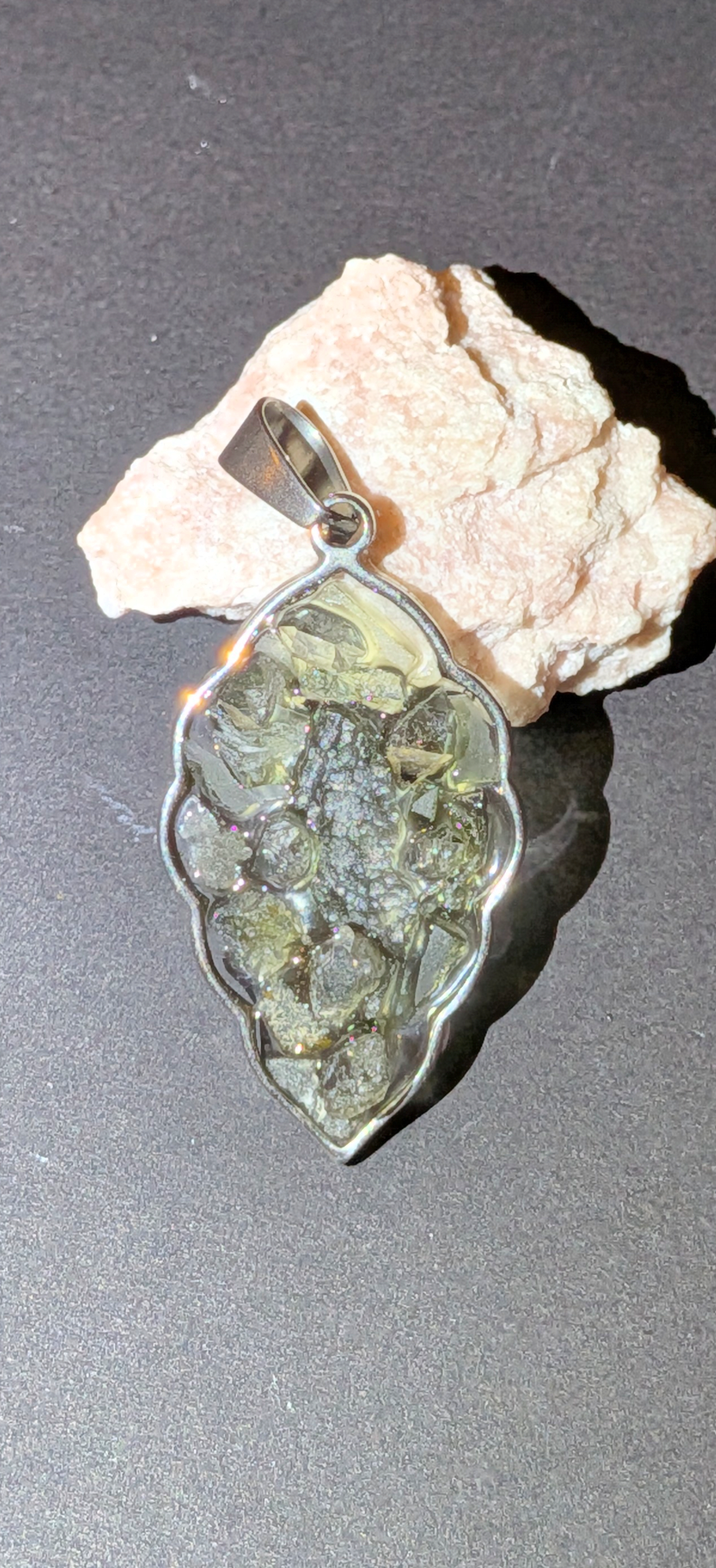 Leaf Shaped Pendant With Moldavites And Herkimer Diamonds #59