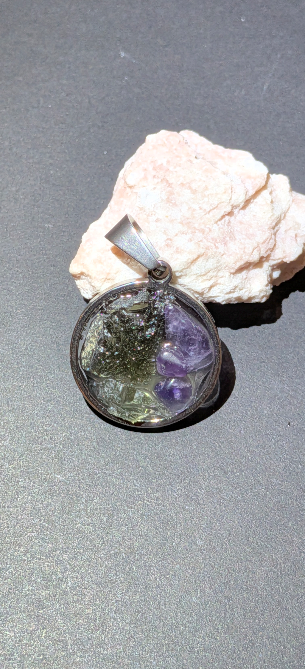 Round Transparent Pendant With Moldavites And Amethysts #61