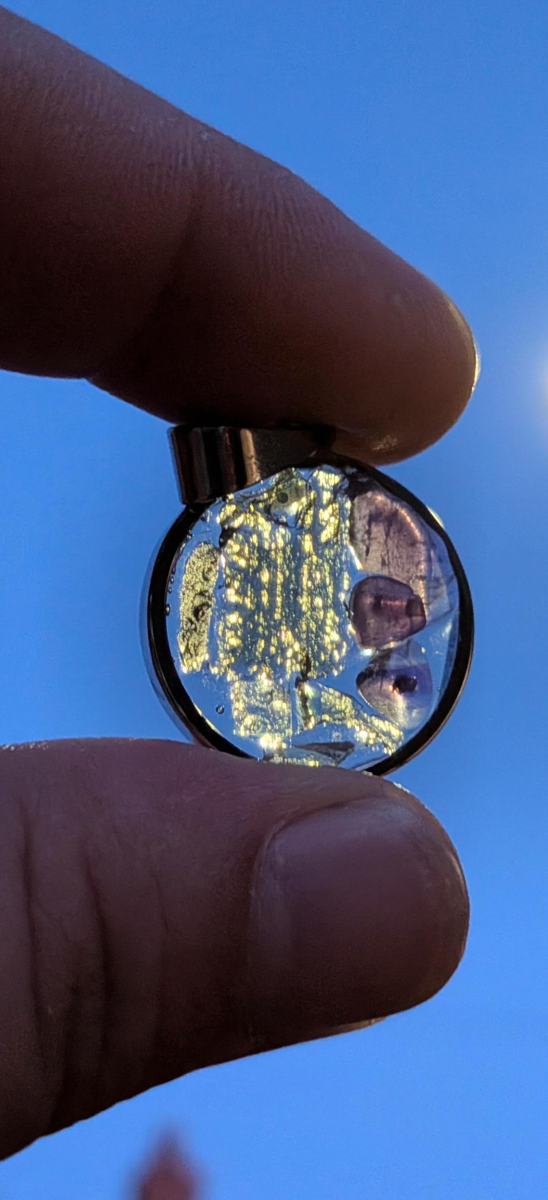 Round Transparent Pendant With Moldavites And Amethysts #61