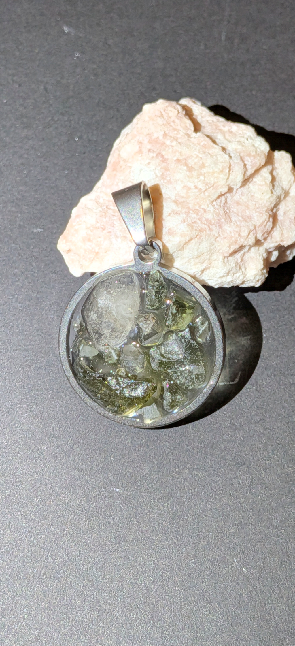 Round Transparent Pendant With Moldavites And Herkimer Diamond #62