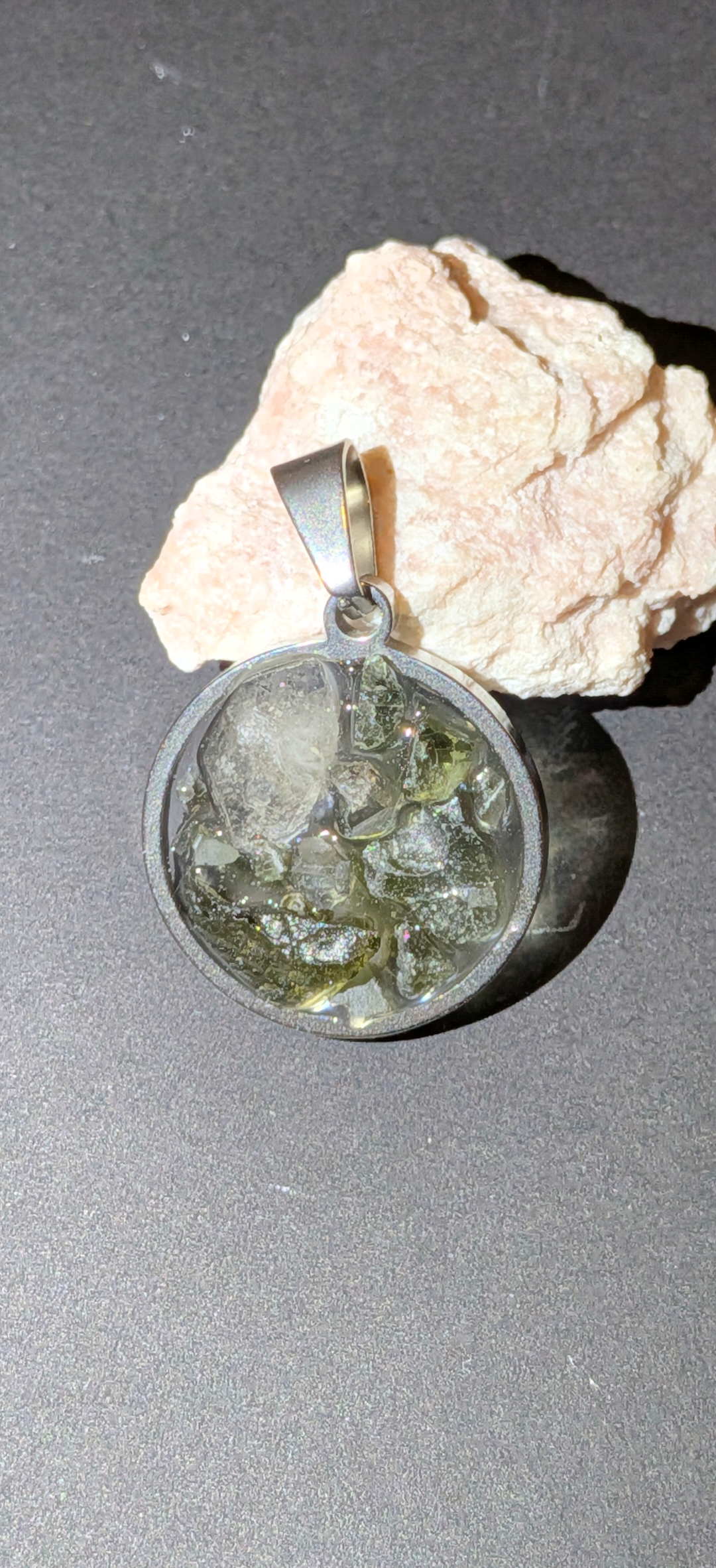 Round Transparent Pendant With Moldavites And Herkimer Diamond #62