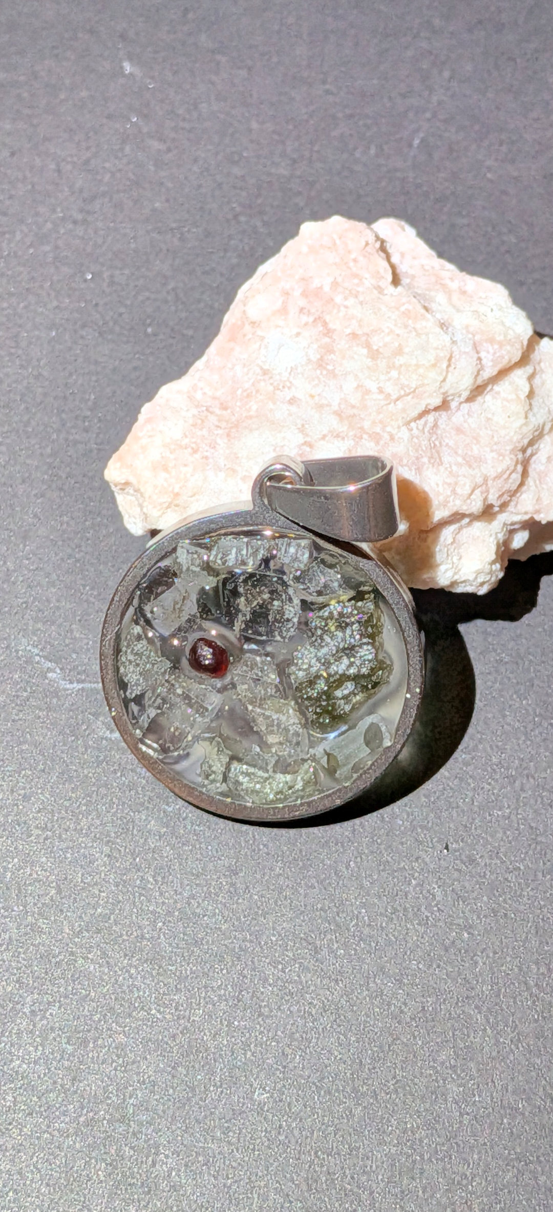 Round Transparent Pendant With Moldavites, Herkimer Diamonds and Bohemian Garnet #63
