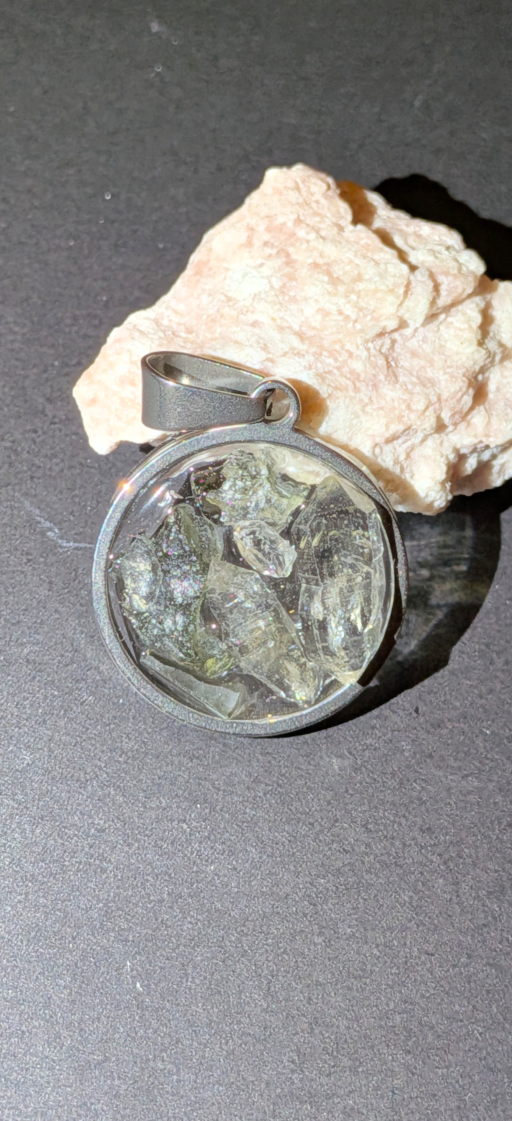 Round Transparent Pendant With Moldavites And Herkimer Diamonds #64