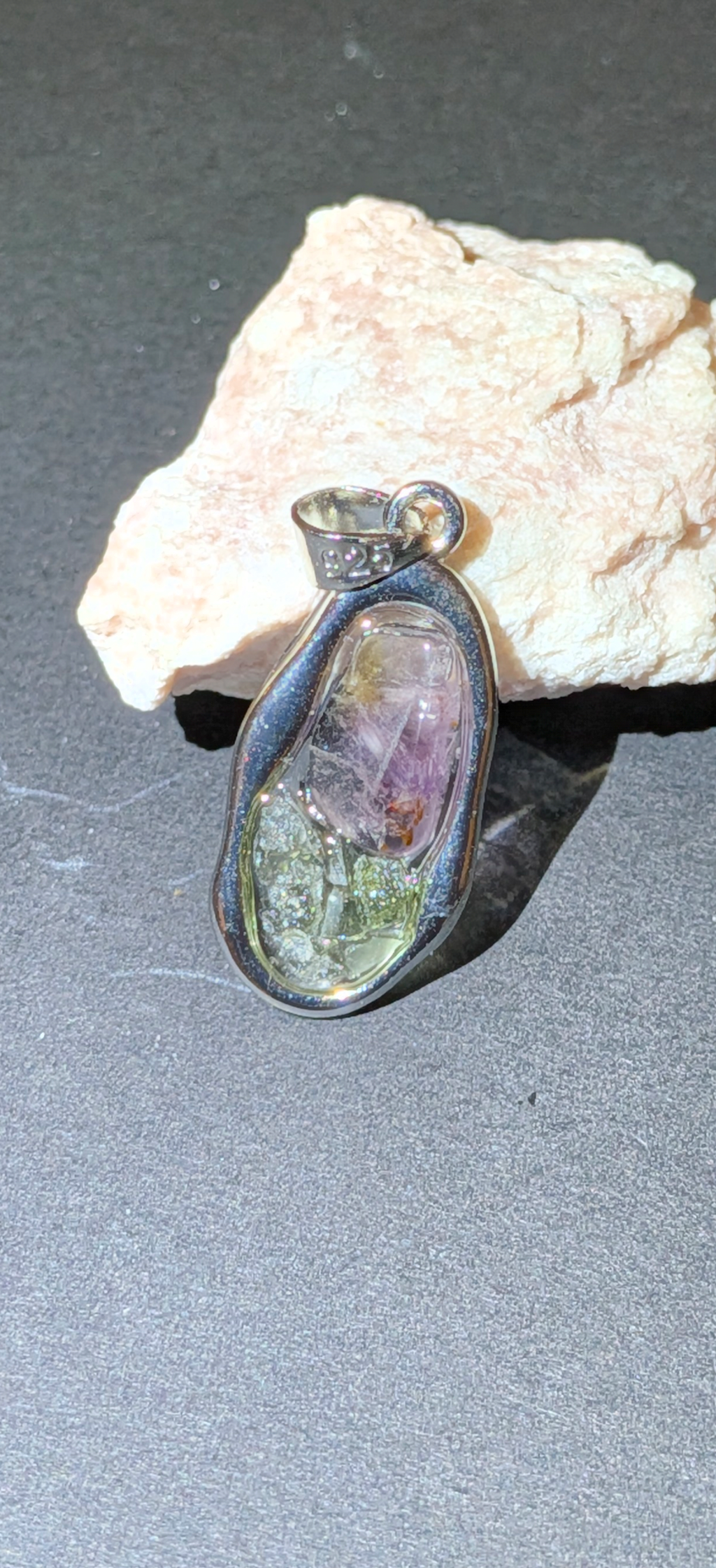 Small Drop Shaped Transparent Pendant With Moldavites And Amethysts #65