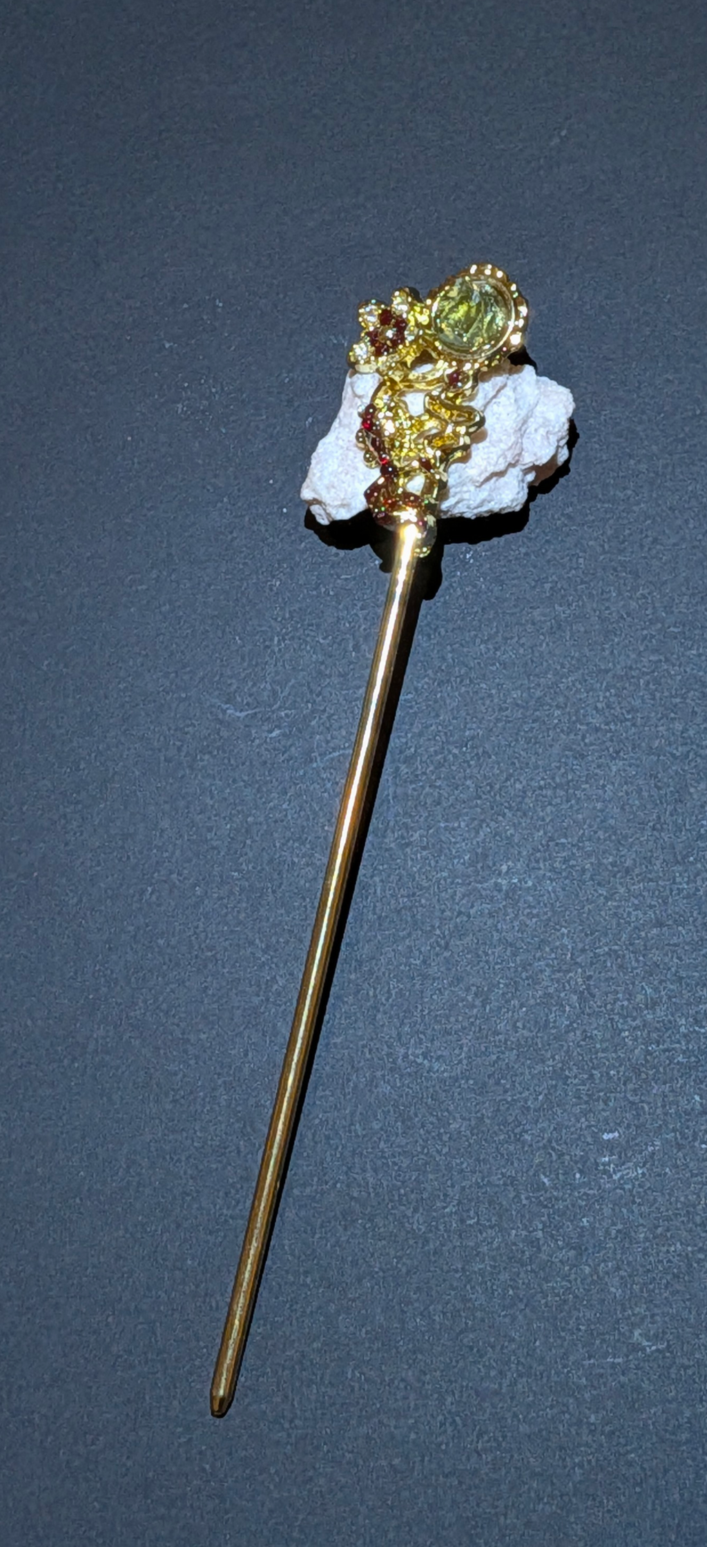 Hair Needle Brooch With Moldavites, Cubic Zirconia Crystals and Bohemian Garnets #71