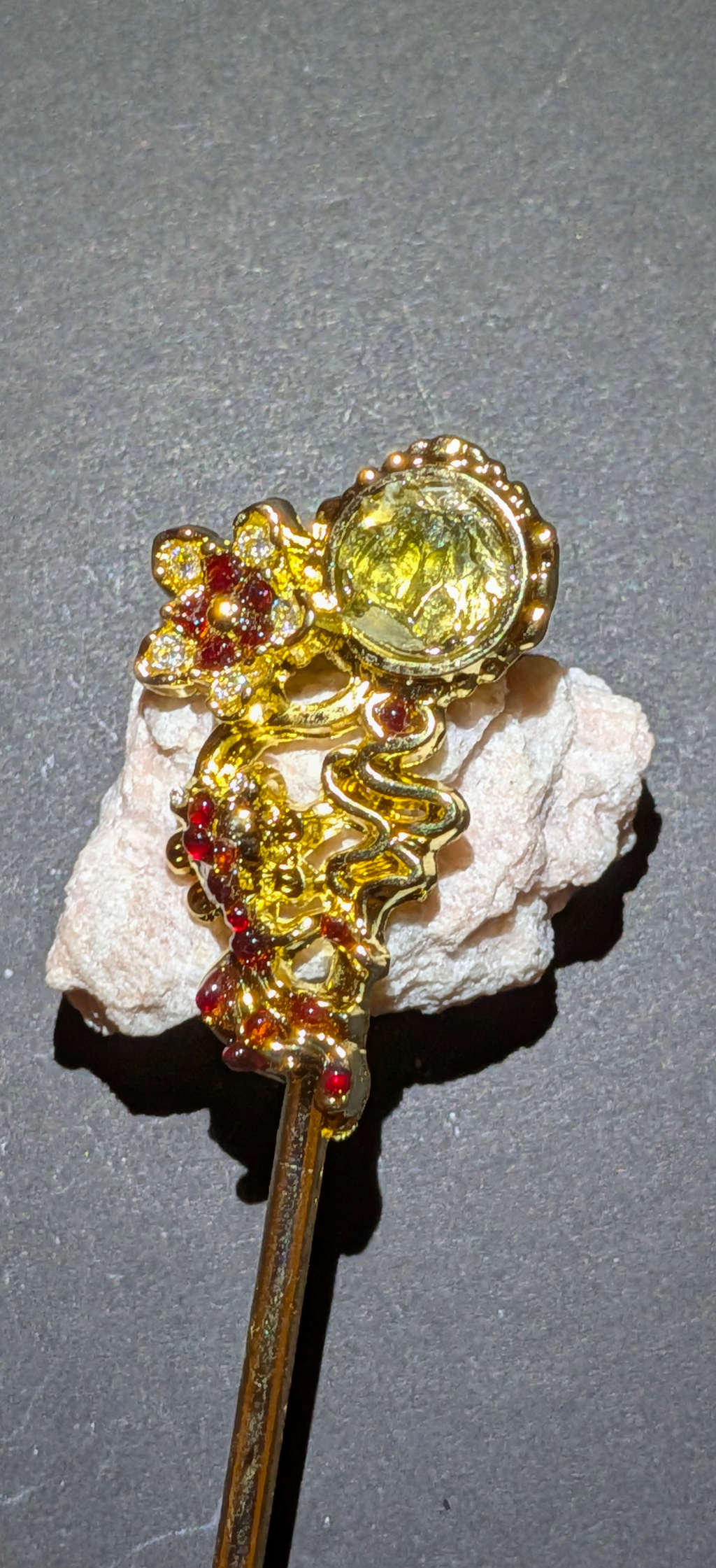 Hair Needle Brooch With Moldavites, Cubic Zirconia Crystals and Bohemian Garnets #71