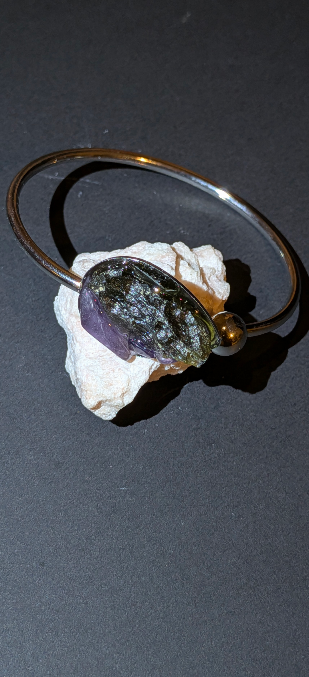 Stainless Steel Bracelet With Moldavites And Amethysts #69