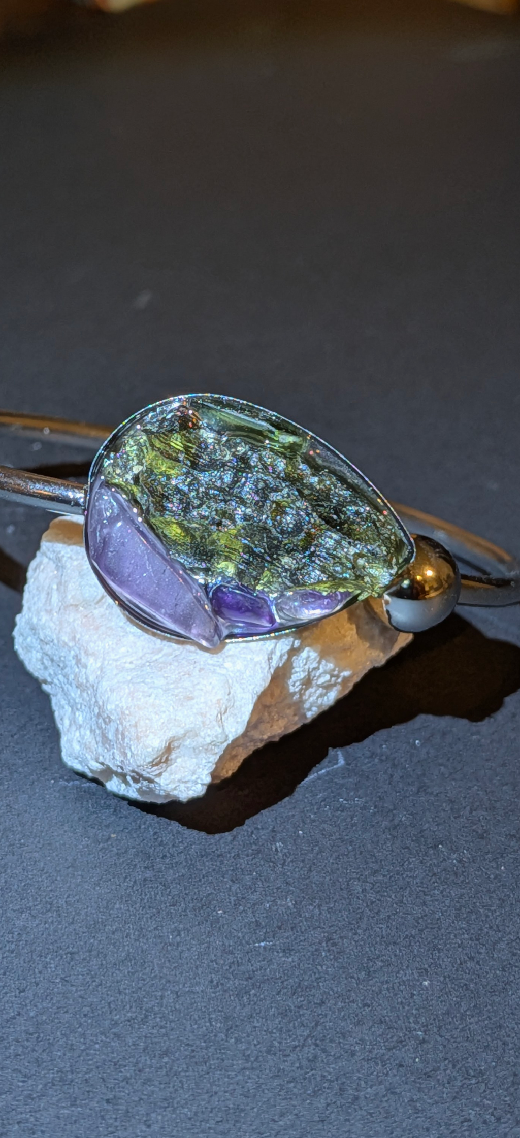 Stainless Steel Bracelet With Moldavites And Amethysts #69