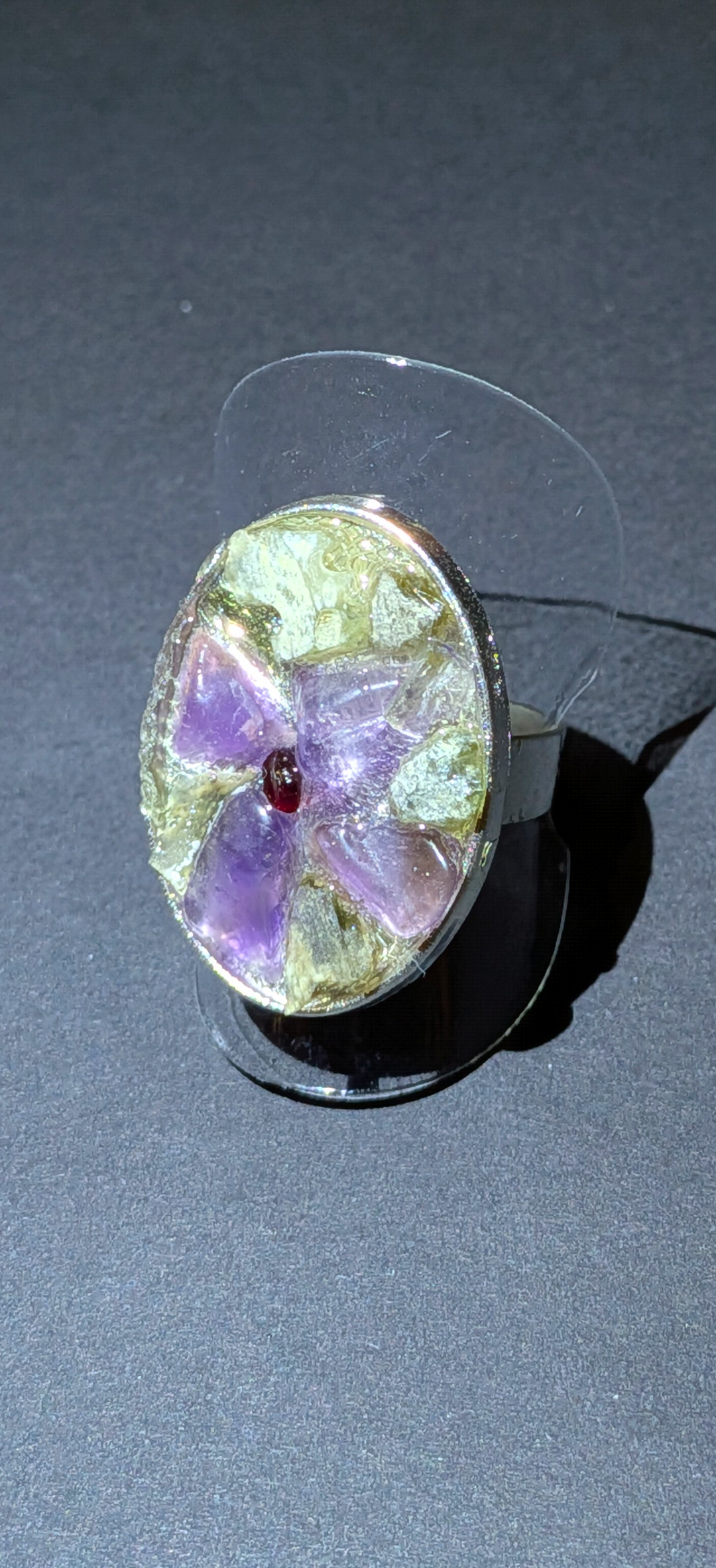XL Adjustable Ring With Moldavites, Amethysts and Bohemian Garnet #48