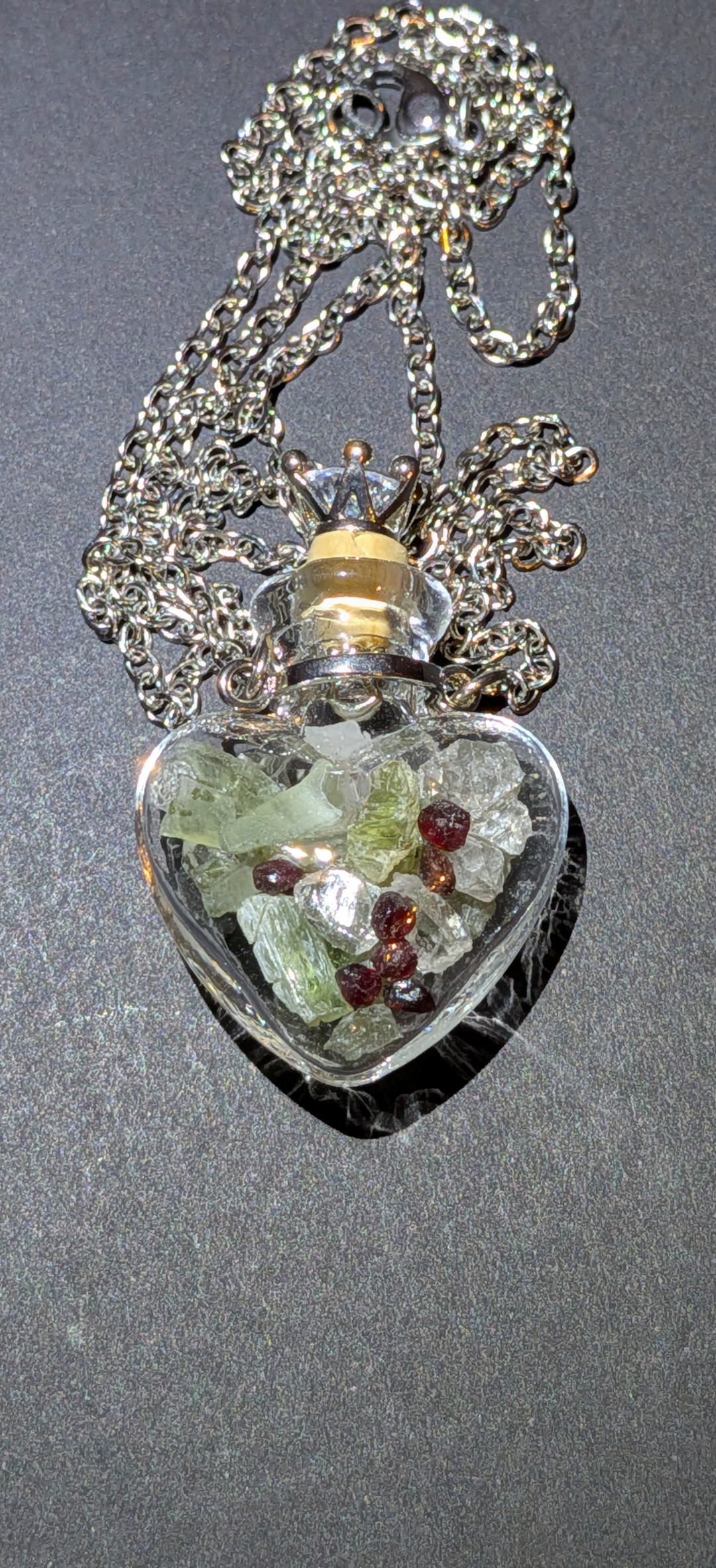 Heart Bottle Pendant With Moldavites, Herkimer Diamonds and Bohemian Garnets #70