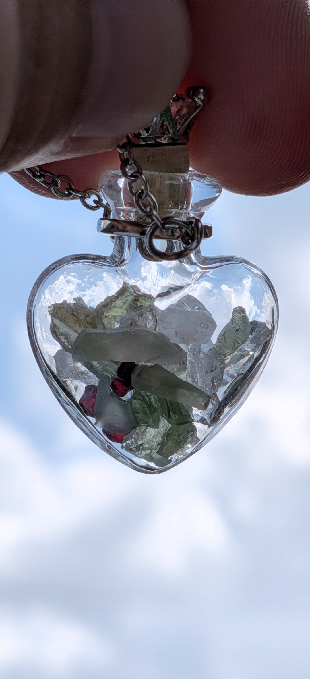 Heart Bottle Pendant With Moldavites, Herkimer Diamonds and Bohemian Garnets #70