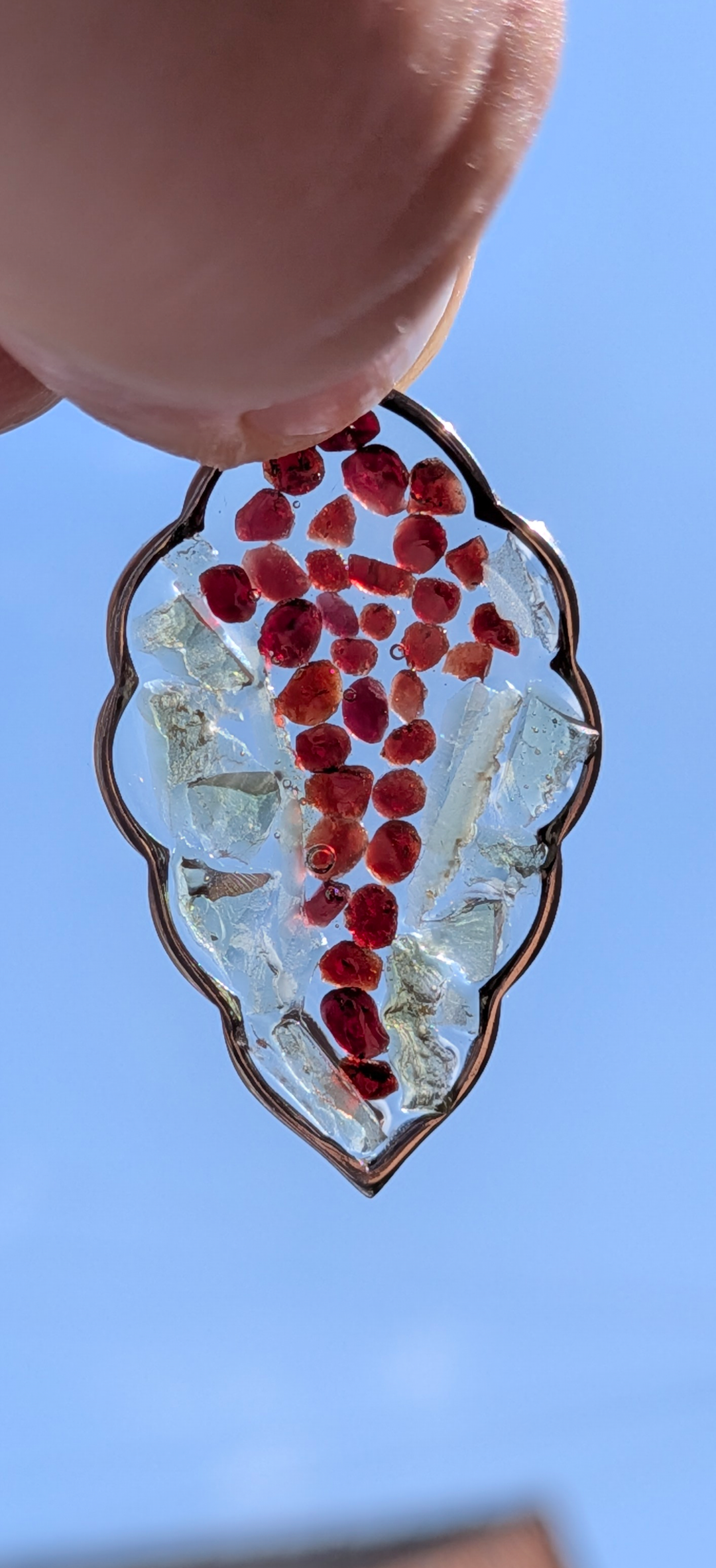 Leaf Shaped Pendant With Moldavites And Bohemian Garnets #67