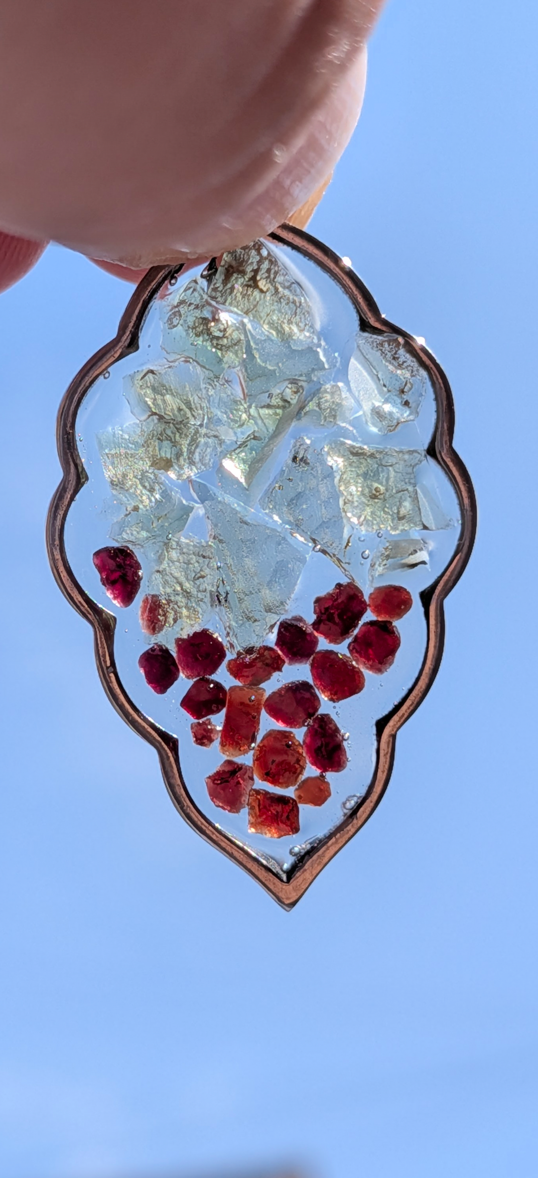 Leaf Shaped Pendant With Moldavites And Bohemian Garnets #68