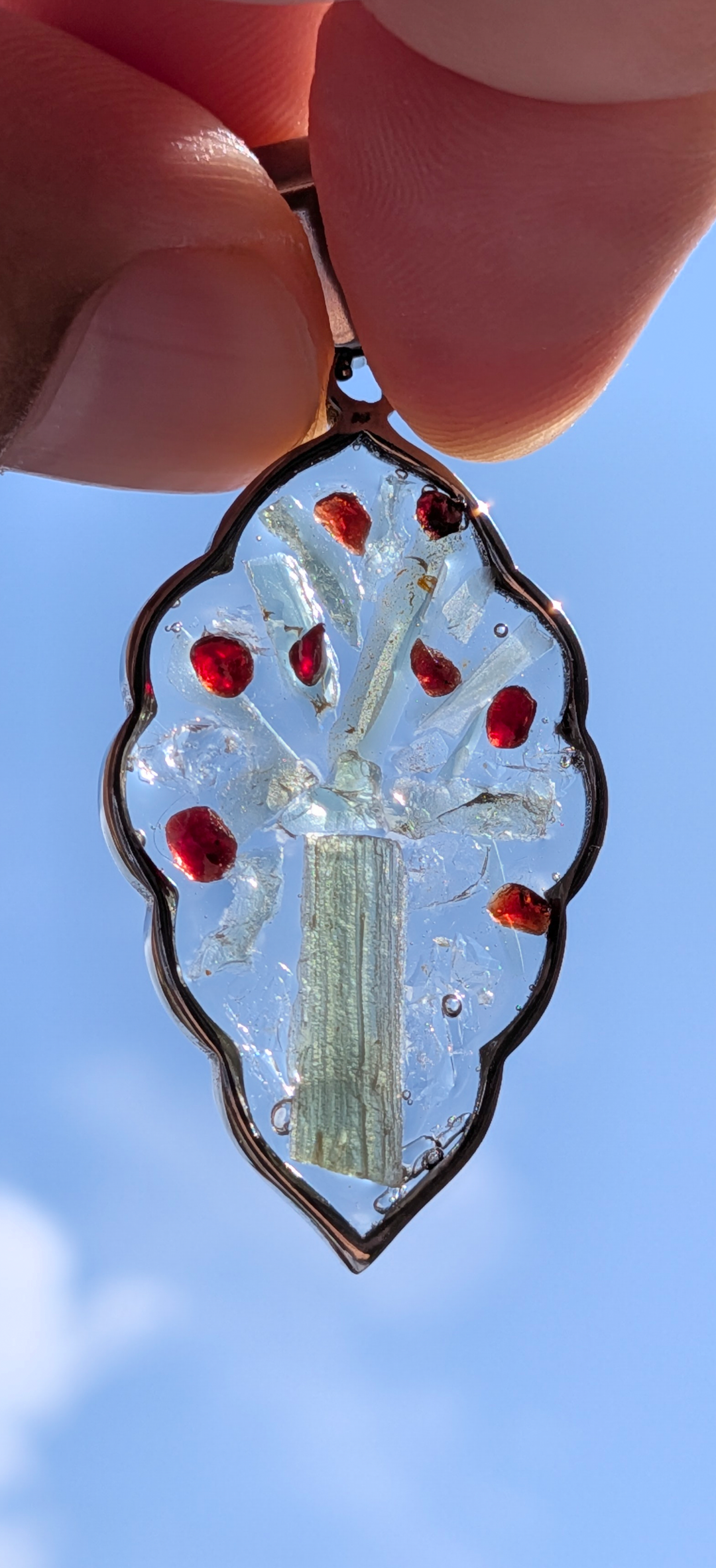 Leaf Shaped Pendant With Moldavites, Lybian Desert Glass And Bohemian Garnets #72