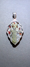 Leaf Shaped Pendant With Moldavites, Lybian Desert Glass And Bohemian Garnets #72
