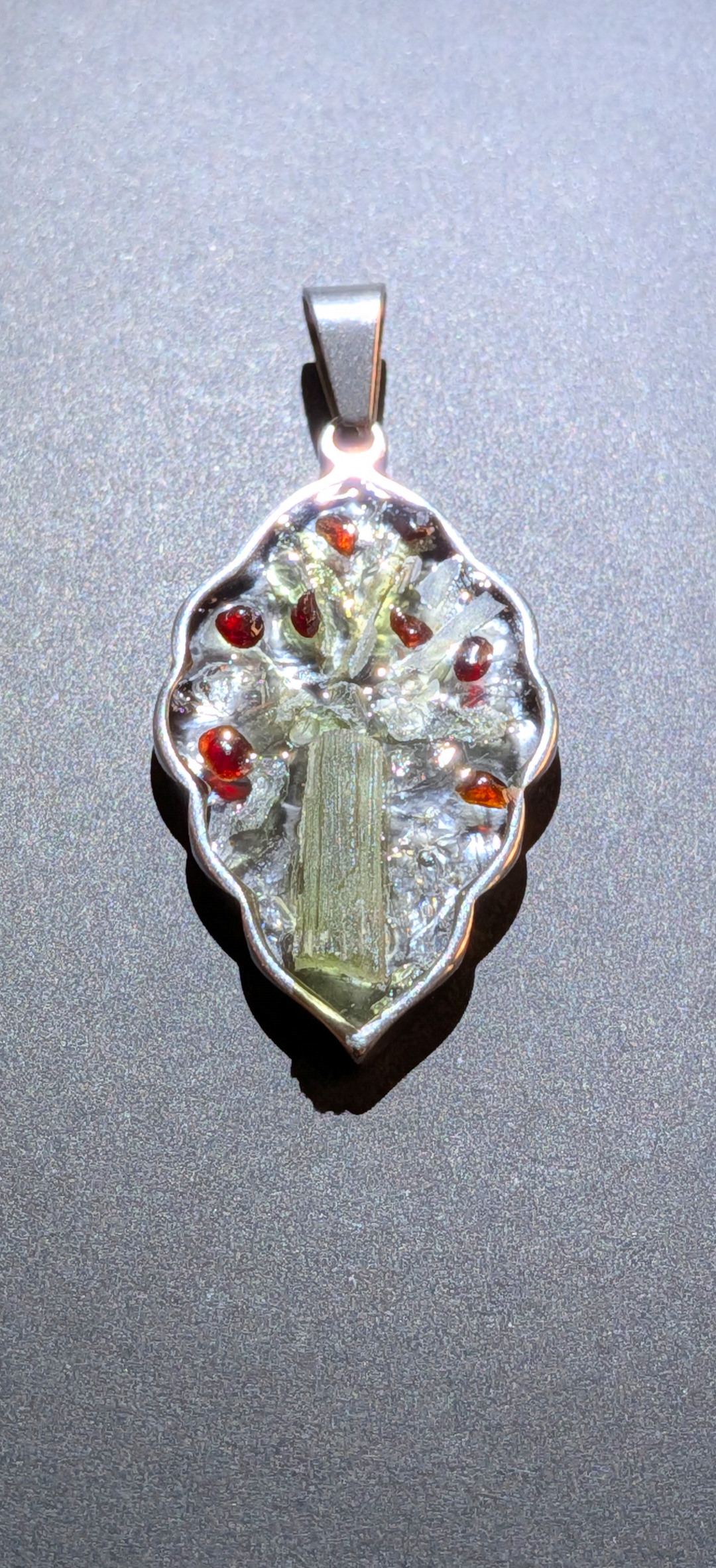 Leaf Shaped Pendant With Moldavites, Lybian Desert Glass And Bohemian Garnets #72