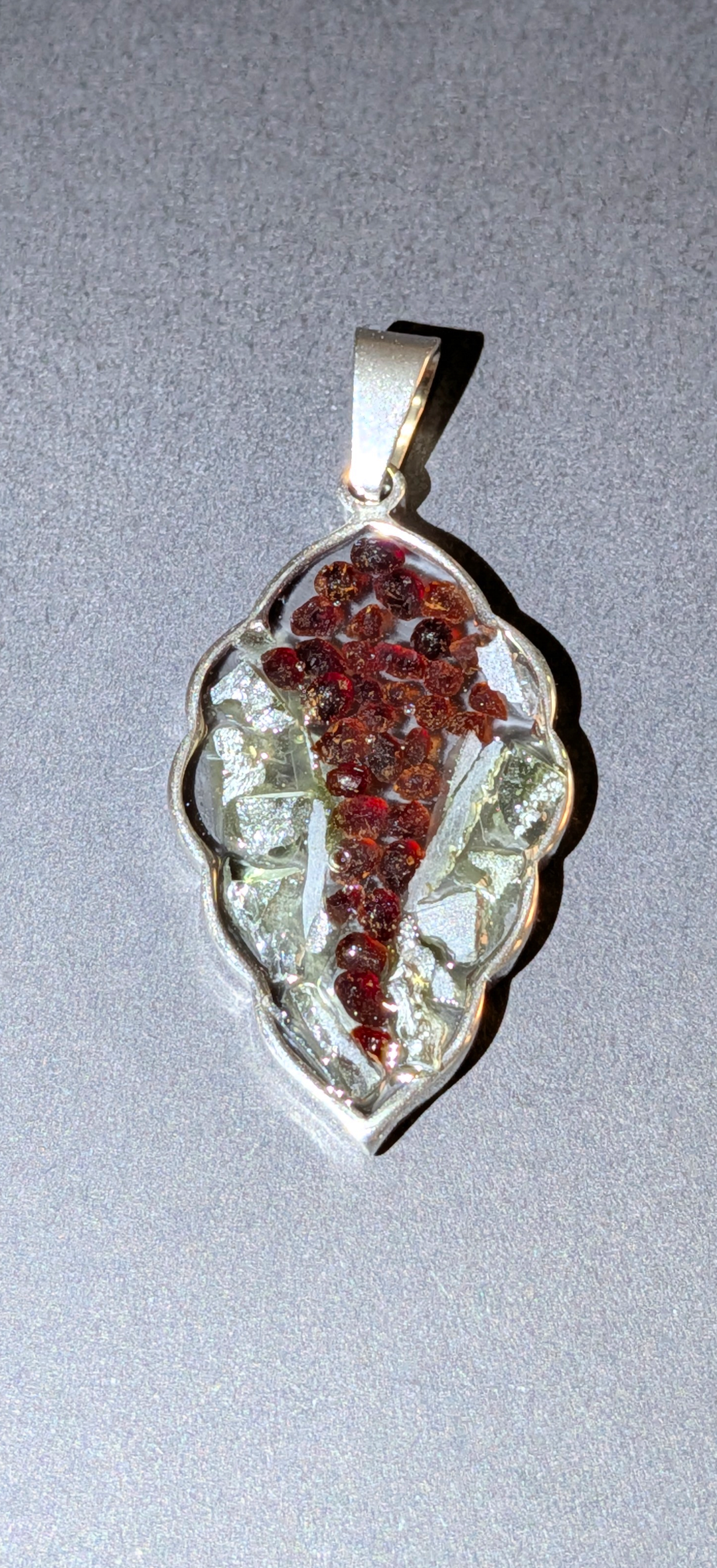 Leaf Shaped Pendant With Moldavites And Bohemian Garnets #67