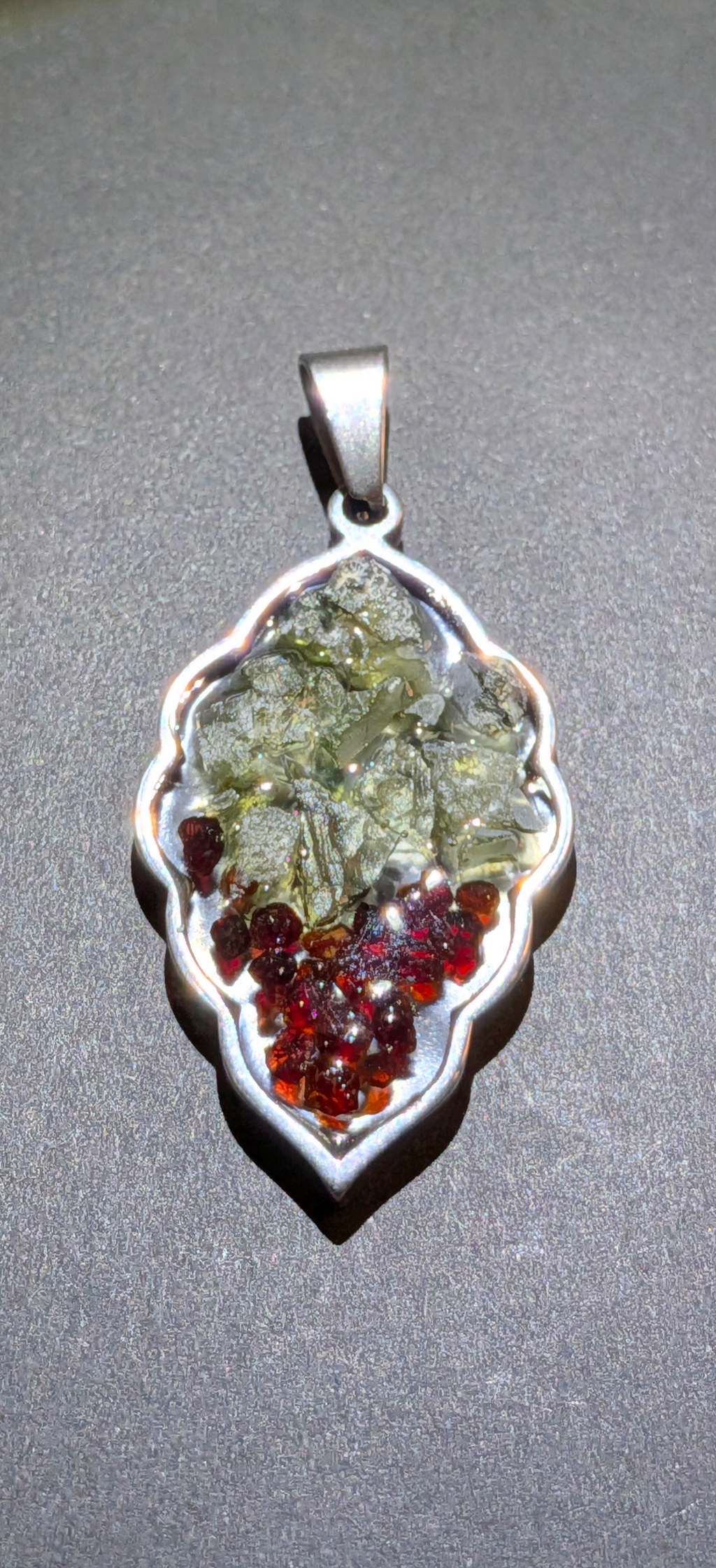 Leaf Shaped Pendant With Moldavites And Bohemian Garnets #68