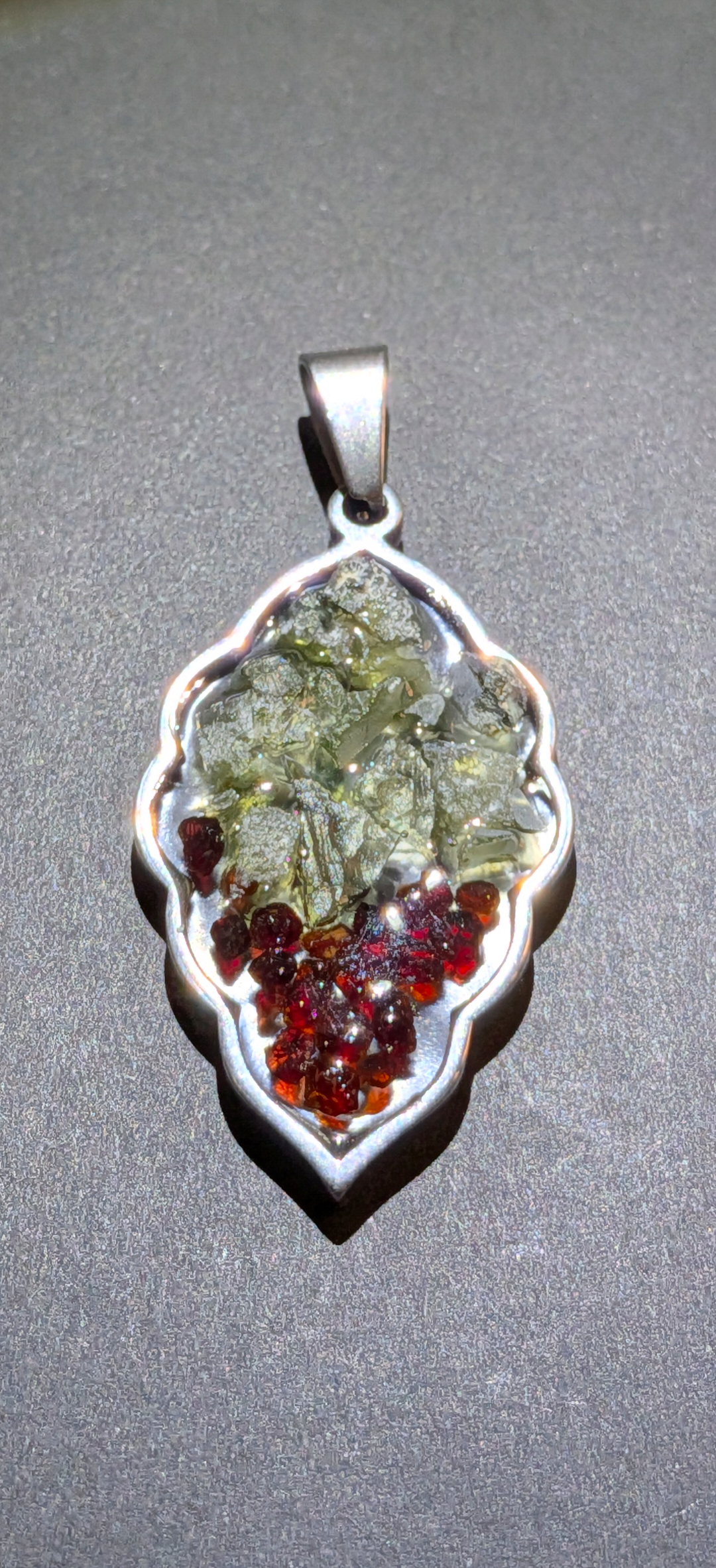 Leaf Shaped Pendant With Moldavites And Bohemian Garnets #68