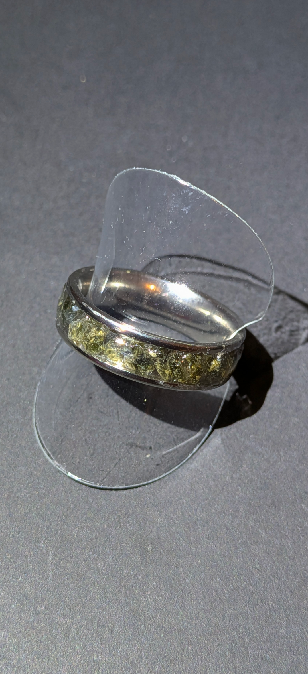 Stainless Steel Ring With Polished Moldavite Chips Mosaic #73